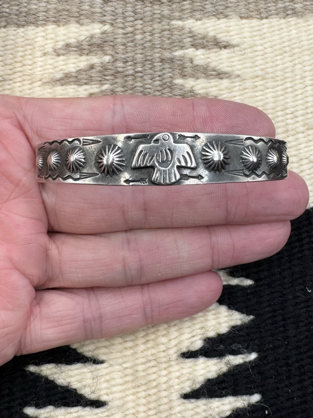 Vintage Fred Harvey Era Southwestern Sterling Silver Thunderbird Arrow Cuff 6.75